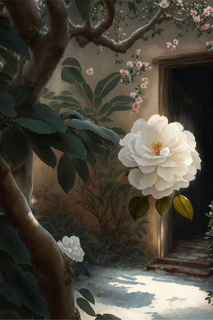 A painting of a flower with a tree in the background