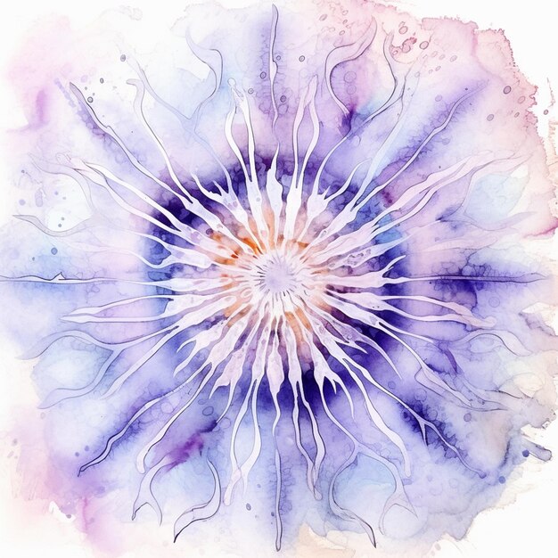 Painting of a flower with a white center and purple petals generative ai