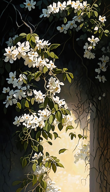 A painting of a flower with white flowers and leaves