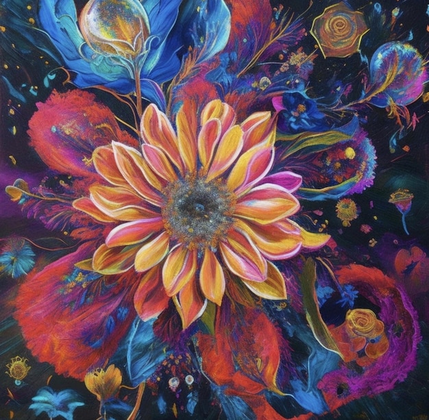 A painting of a flower with a yellow center and a red center.