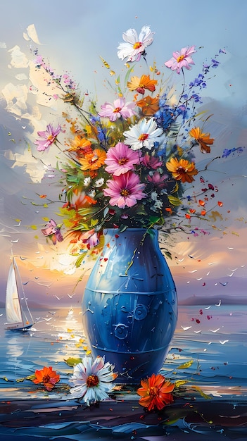 A painting of a flowerfilled vase by the waters edge