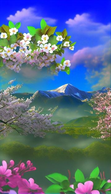 Painting of a flowering tree with mountains in the background generative ai