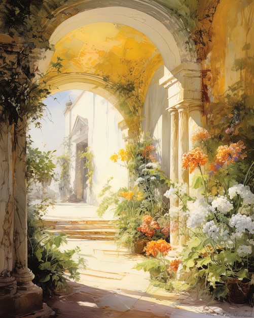 Photo a painting of flowers and an archway with a door that says  spring