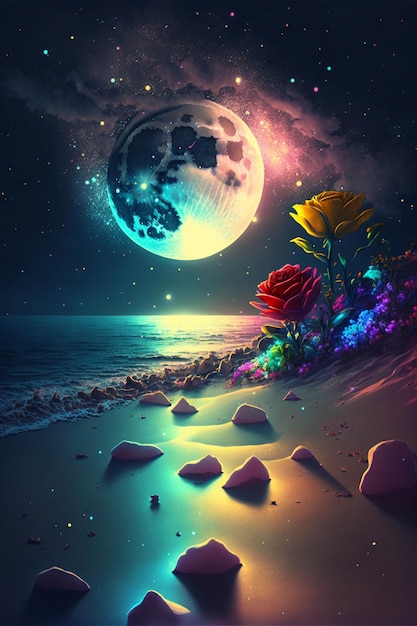 Painting of flowers on a beach with a full moon in the background generative ai