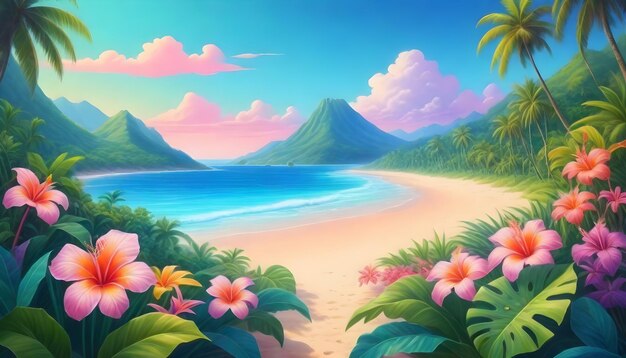 a painting of flowers and a beach with a mountain in the background