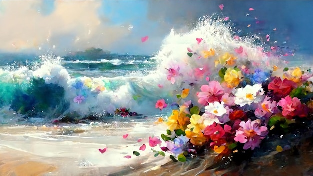 A painting of flowers on the beach