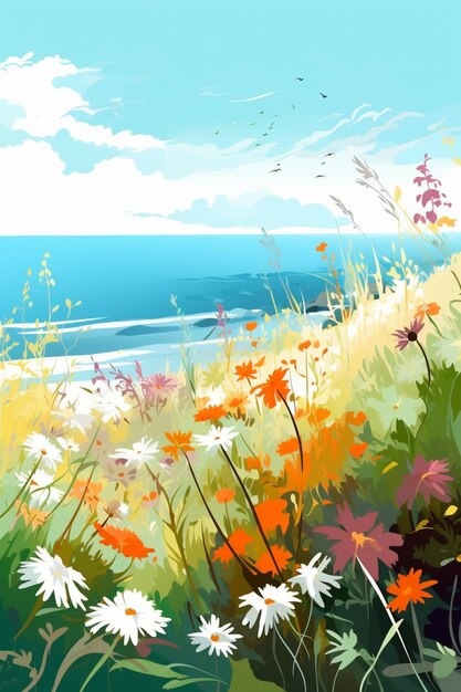 A painting of flowers on a beach