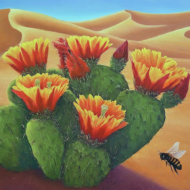 Photo a painting of flowers and a bee is on a beach