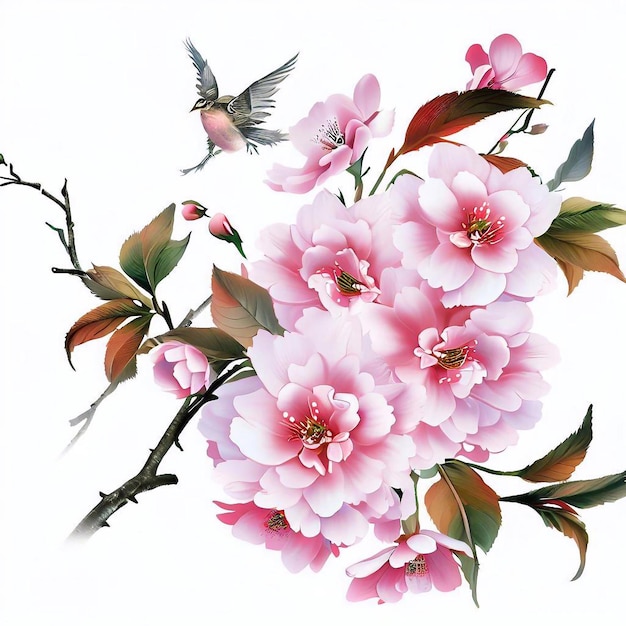 A painting of flowers and a bird on a branch