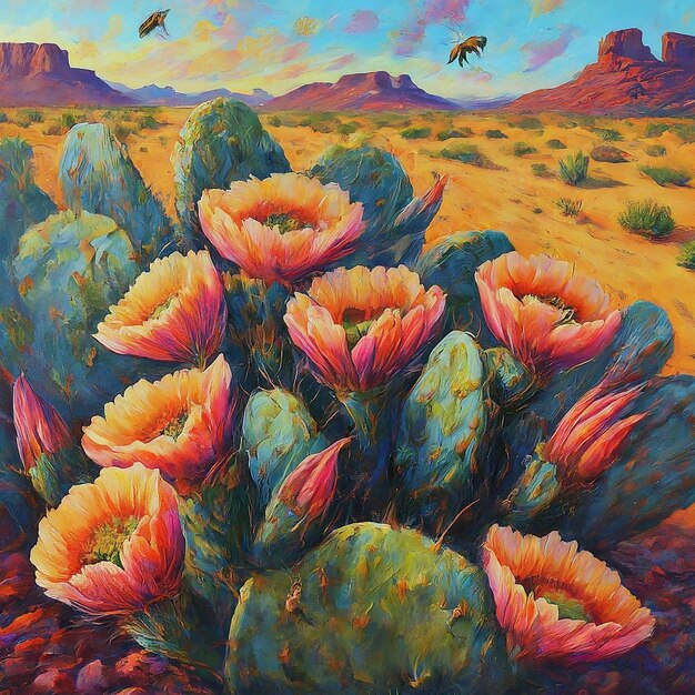 Photo a painting of flowers and a bird flying over a desert landscape