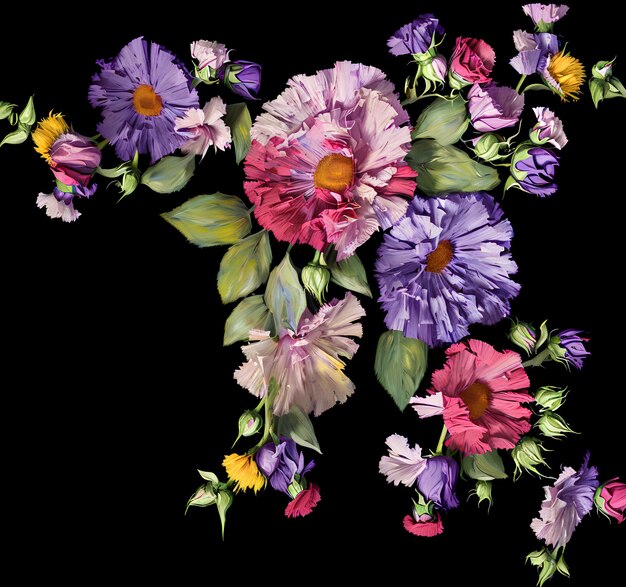 A painting of flowers on a black background