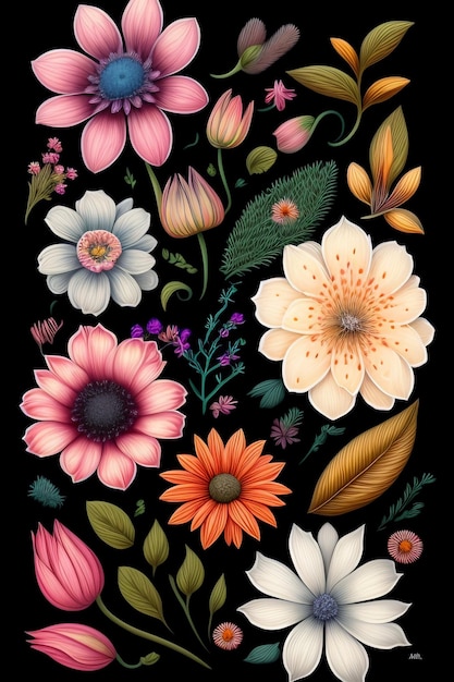 A painting of flowers on a black background