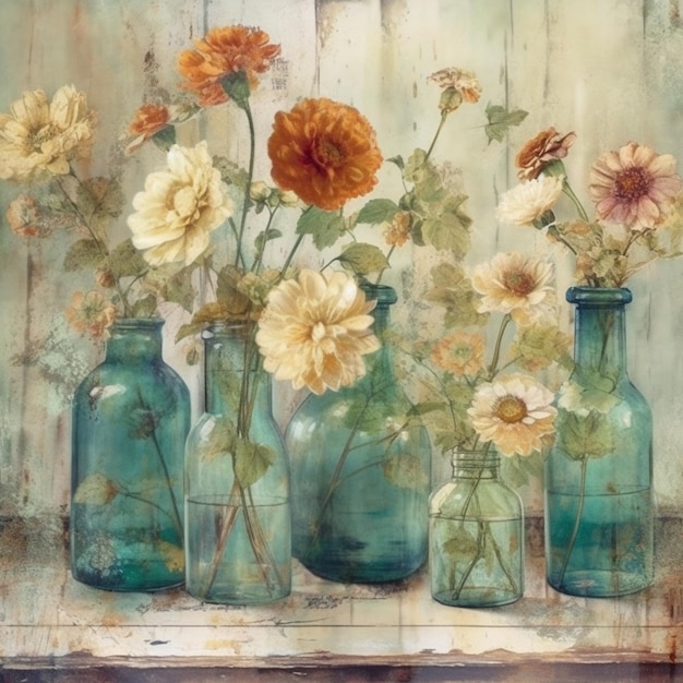 A painting of flowers in blue bottles.