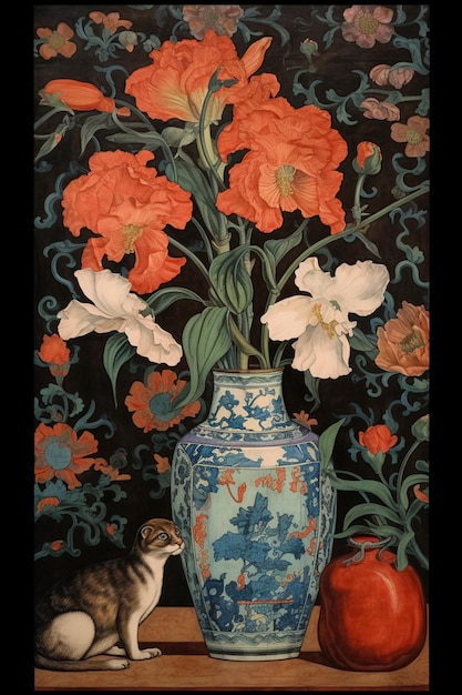 A painting of flowers in a blue vase with a cat on the bottom.