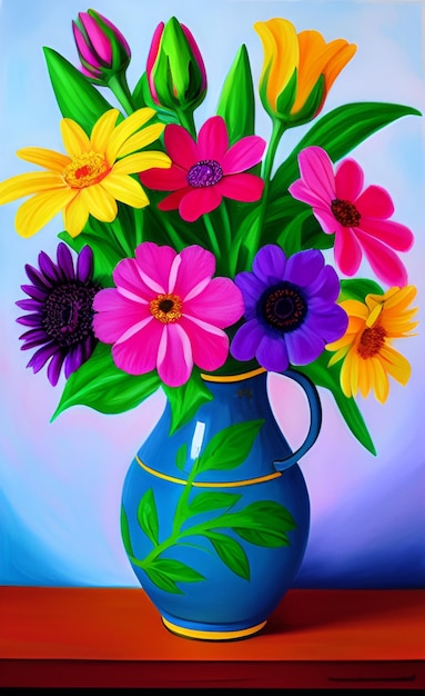 A painting of flowers in a blue vase with a purple background.