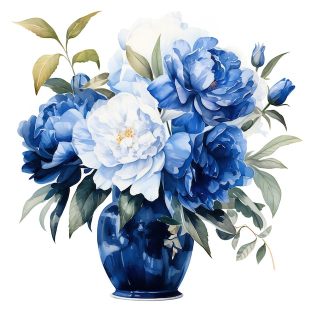 A painting of flowers in a blue vase with the words peonies.