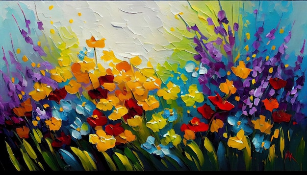 A painting of flowers in blue and yellow