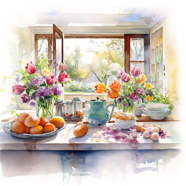 a painting of flowers and a bowl of eggs on a table