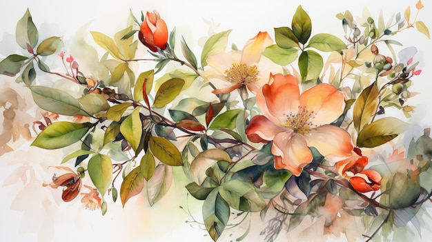 A painting of flowers on a branch with leaves and flowers.