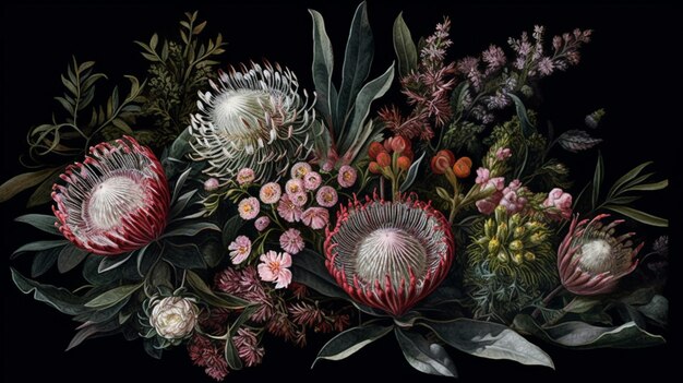 A painting of flowers and a bunch of proteas.