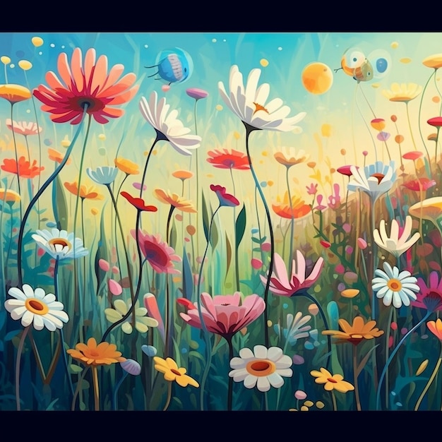 a painting of flowers and butterflies in a field.