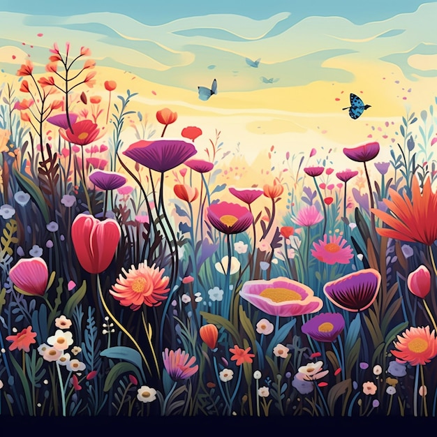 Photo a painting of flowers and butterflies in the wild