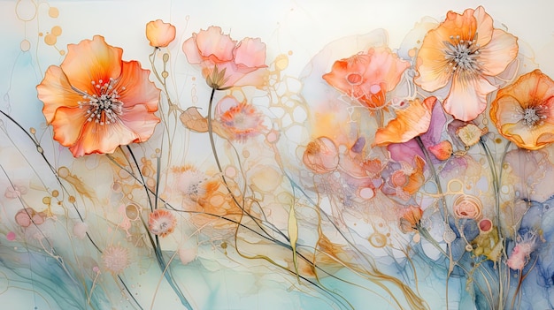 a painting of flowers by peony and animal.