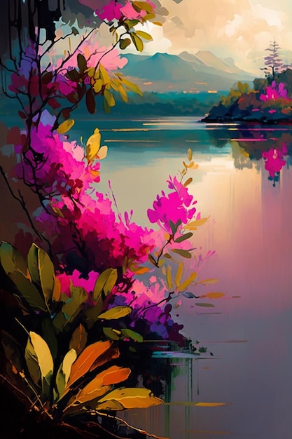 A painting of flowers by the river.