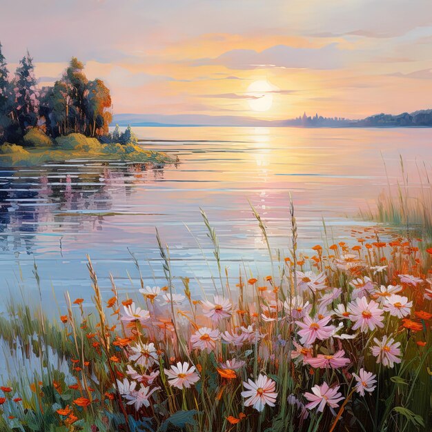 Photo a painting of flowers by the water with a sunset in the background