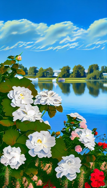 A painting of flowers by the water with the words " first place " on the bottom right.