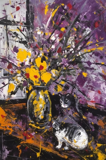 A painting of flowers and a cat on a table.