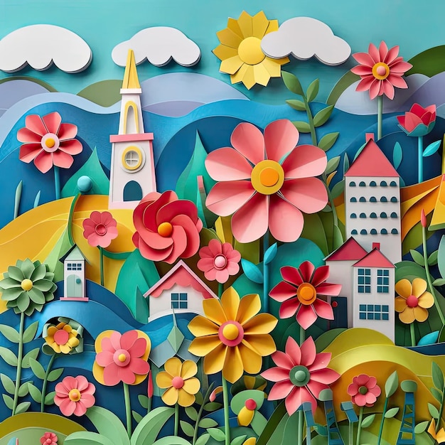 A painting of flowers and a church in the background