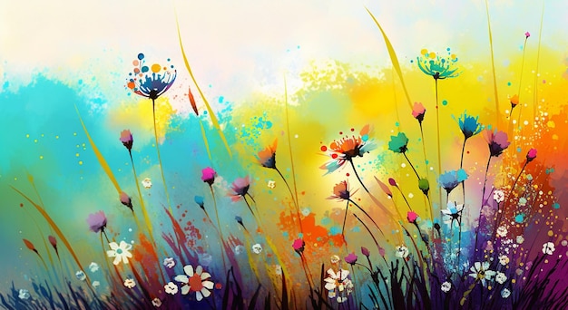 A painting of flowers on a colorful background