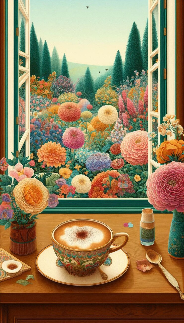 Photo a painting of flowers and a cup of coffee with a heart on the window