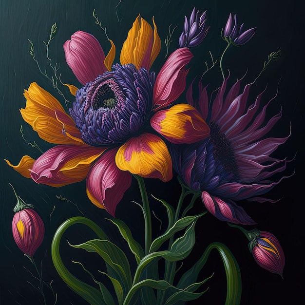 A painting of flowers on a dark background