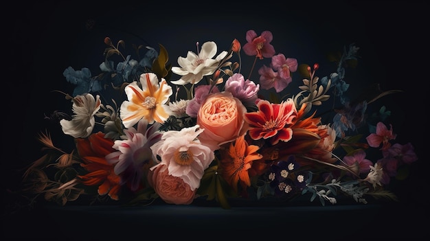 A painting of flowers on a dark background