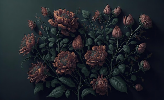 A painting of flowers on a dark background