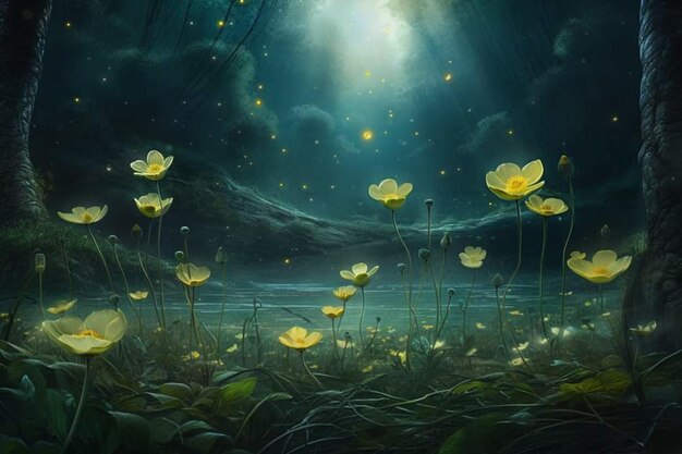 A painting of flowers in a dark landscape with a light in the sky