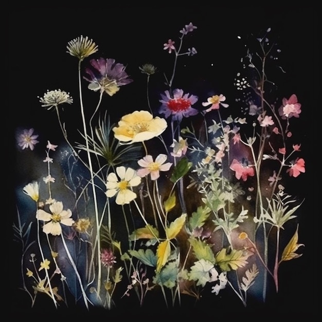 A painting of flowers in the dark