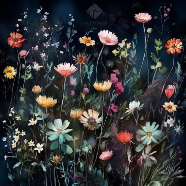 A painting of flowers in the dark