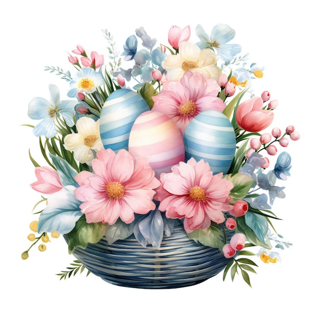 a painting of flowers and eggs in a vase with flowers.