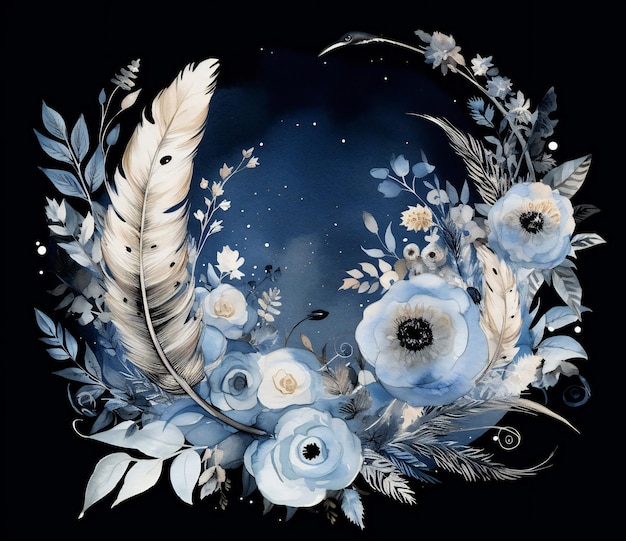 A painting of flowers and feathers with a blue background.