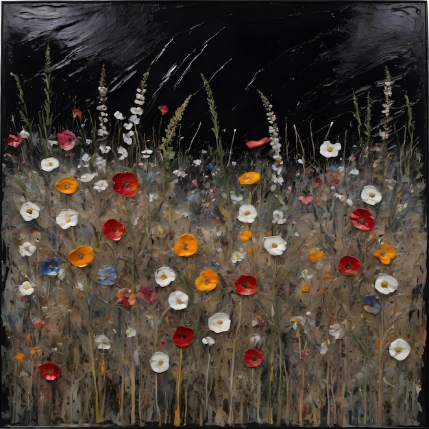 a painting of flowers in a field with a black background