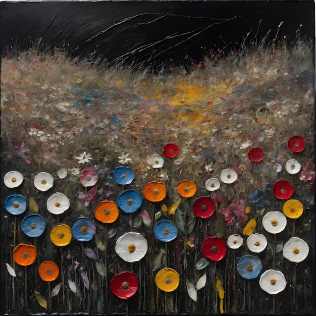 a painting of flowers in a field with a black background