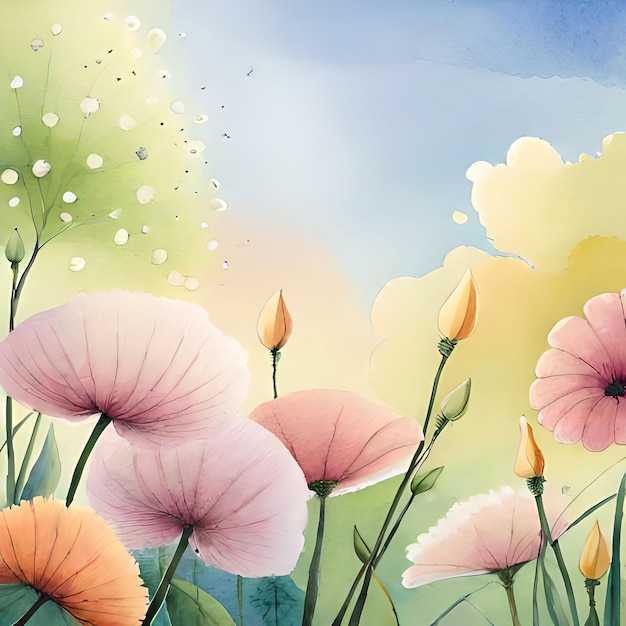 A painting of flowers in a field with a blue sky in the background