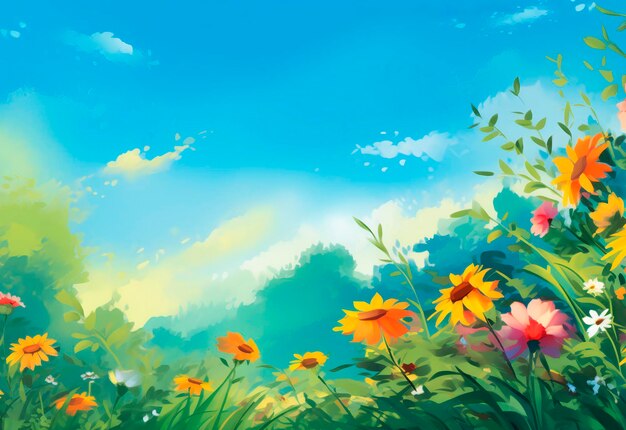 A painting of flowers in a field with a blue sky in the background