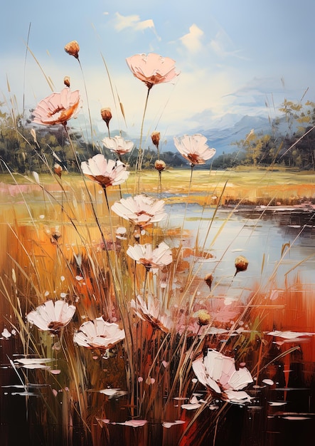 a painting of flowers in a field with a lake in the background