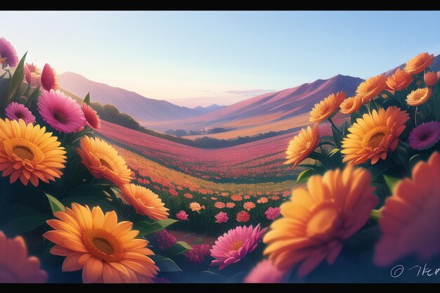 A painting of flowers in a field with a mountain in the background