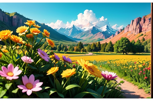 A painting of flowers in a field with mountains in the background