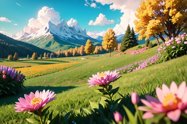 A painting of flowers in a field with mountains in the background